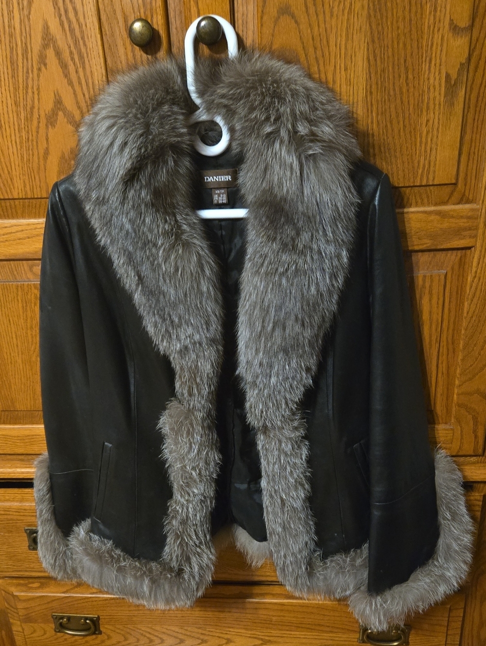 Danier Black Leather Jacket with Gray Fur Trim